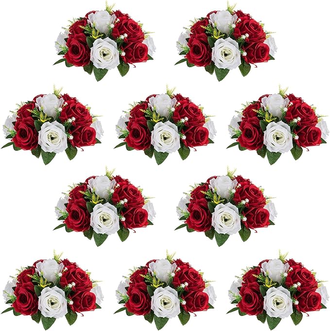 NUPTIO Artificial Flower Centrepieces for Tables - 10 Pcs Crimson & White Fake Flowers Roses Balls 9.5in Diameter - Silk Faux Rose Arrangement for Wedding Party Centerpiece Table Decorations