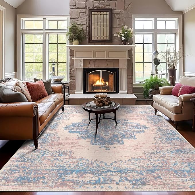 vivorug 6x9 Area Rugs, Ultra-Soft Washable Rug for Living Room Dinner Room Bedroom, Non-Slip Vintage Rug, Indoor Carpet Large Area Rug, Pink