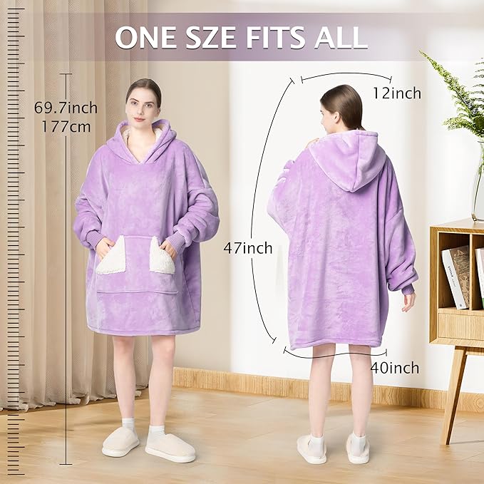 Touchat Wearable Blanket Hoodie, Oversized Sherpa Blanket Sweatshirt with Hood Pocket and Sleeves, Super Soft Warm Plush Hooded Blanket for Adult Women Men (Purple)