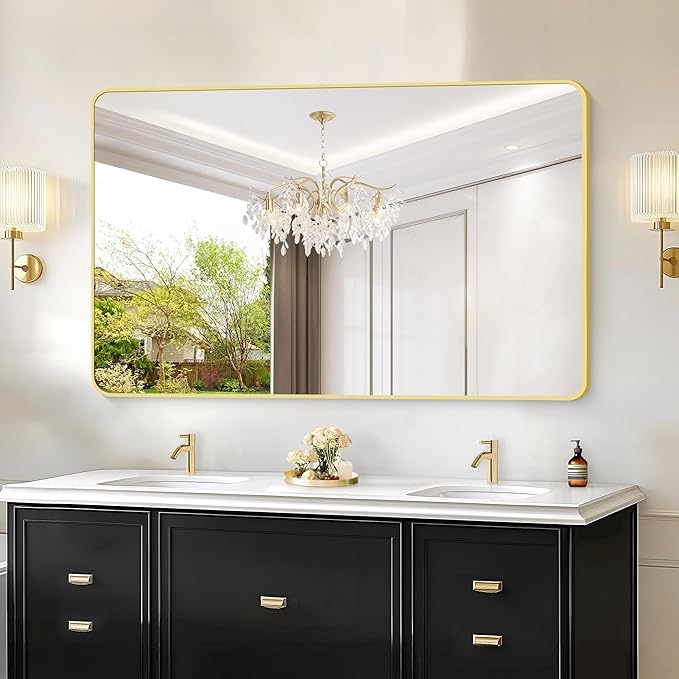 55x36 Inch Gold Bathroom Mirror, Metal Framed Large Rectangle Mirror, Rounded Rectangular Vanity Mirror, Wall Mounted Mirror for Over Sink Living Room Bedroom Entryway Horizontal/Vertical
