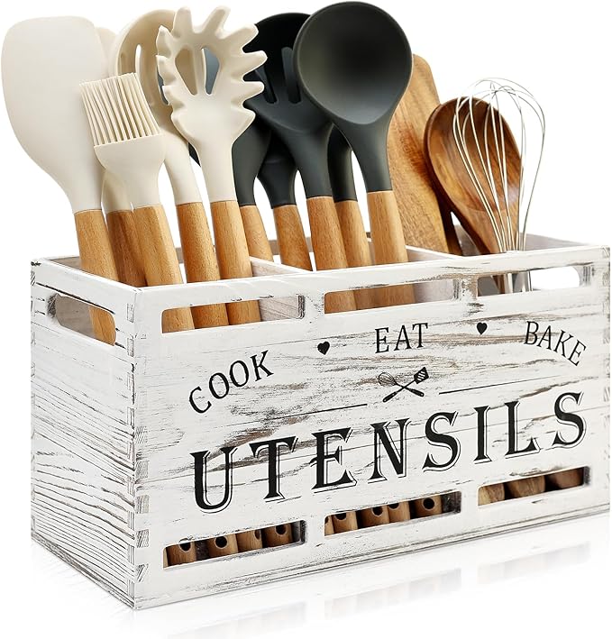 Large Utensil Holder for Kitchen Counter Farmhouse Spatula Holder Cooking Utensil Organizer Cutlery Caddy Spoon Kitchen Tools Holder (Retro White)
