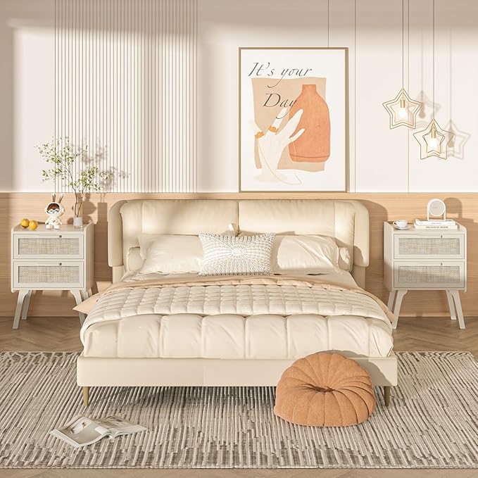 Lerliuo Rattan Nightstands Set of 2, Boho Night Stand with 2 Drawers, Cane Accent Side End Table, Bedside Table with Solid Wood Legs for Bedroom, Dorm and Small Spaces (Grey Oak)