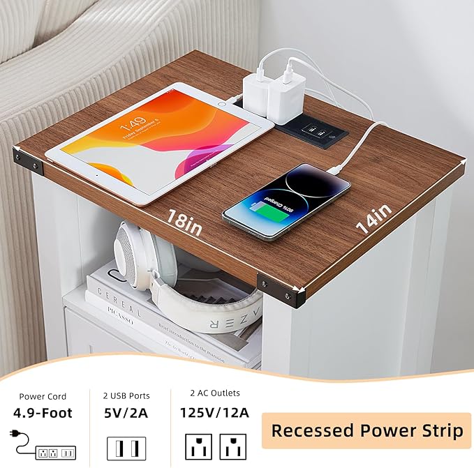 Nightstand with Charger Station and USB Port, 18 Inch Farmhouse Night Stand with Storage Shelf, Modern Couch Side Table with Magnetic Door, Bedside Tables for Bedroom, Home, Antique White