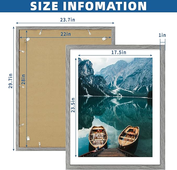 22x28 Frame Set of 2, Rustic Grey Wood Style - Display 18x24 Picture Frame with Mat or 22 x 28 Poster Frame without Mat, Wall Mounting Horizontal and Vertical