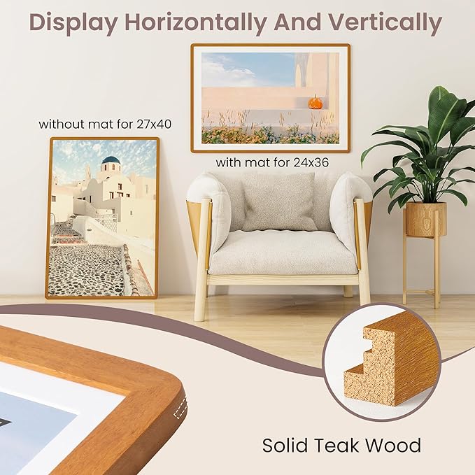 27x40 inch Poster Frame - Solid Teak Wood 27 x 40 Frame, Movie Poster Frame 27x40 With Mat For 24x36, Tempered Glass and Hanging Hardware Included, 27''x40'' Frame Wood, Natural Teak