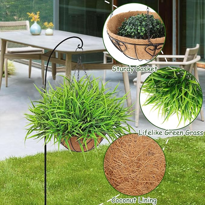 KHOYIME 2 Set Artificial Hanging Plants Basket for Outdoors Indoor, Faux Green Grass Baskets Fake Greenery Stems Planters UV Resistant Spring Summer Decor for Home Garden Porch Balcony Patio Yard