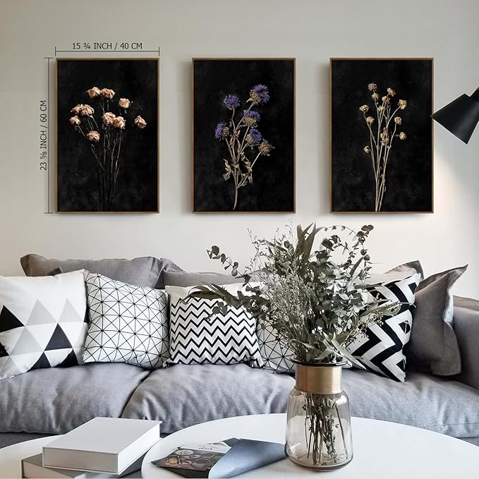 SAFERRYHOME Moody Dark Floral Wall Art Set of 3 - Vintage Black Botanical Canvas Prints Framed Dried Wildflower Artwork, Modern Dark Academia Decor for Living Room, Bedroom & Office - 16x24 Inch Framed