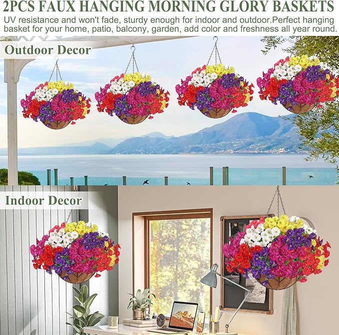 KHOYIME Artificial Hanging Flowers Plants Basket for Outdoors Indoor, 2 Set Faux Silk White Yellow Purple Fuchsia Red Pink Morning Glory Fake Eucalyptus Planters Spring Summer Home Garden Patio Decor