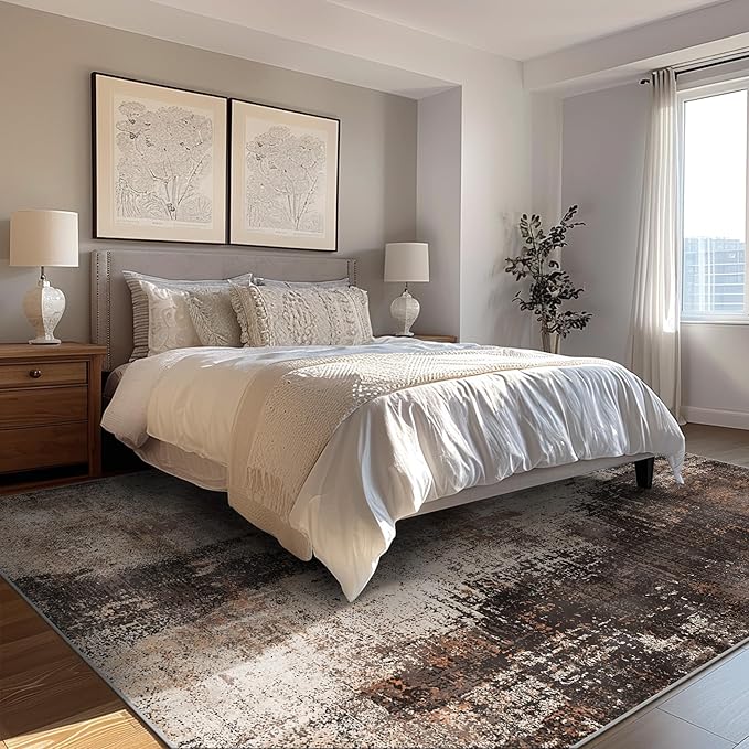 GENIMO Washable Area Rugs for Living Room Bedroom, 8x10 Modern Abstract Non Slip Rug, Low Pile Soft Contemporary Indoor Floor Carpet Cover for Dining Room Kitchen, Brown