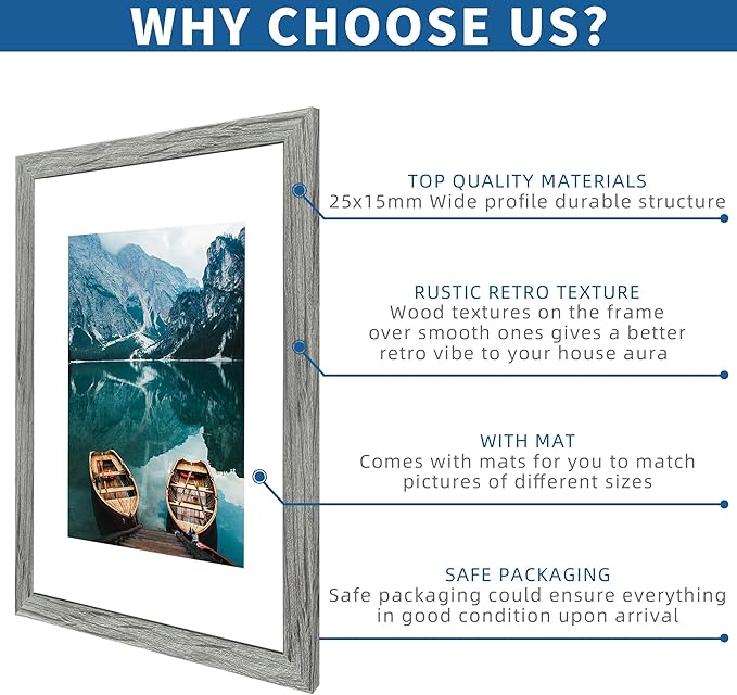 11x17 Frame Set of 2, Rustic Grey Wood Style - Display 11 x 17 Poster without Mat or 8x12 Picture with Mat, Wall Mounting Horizontal and Vertical
