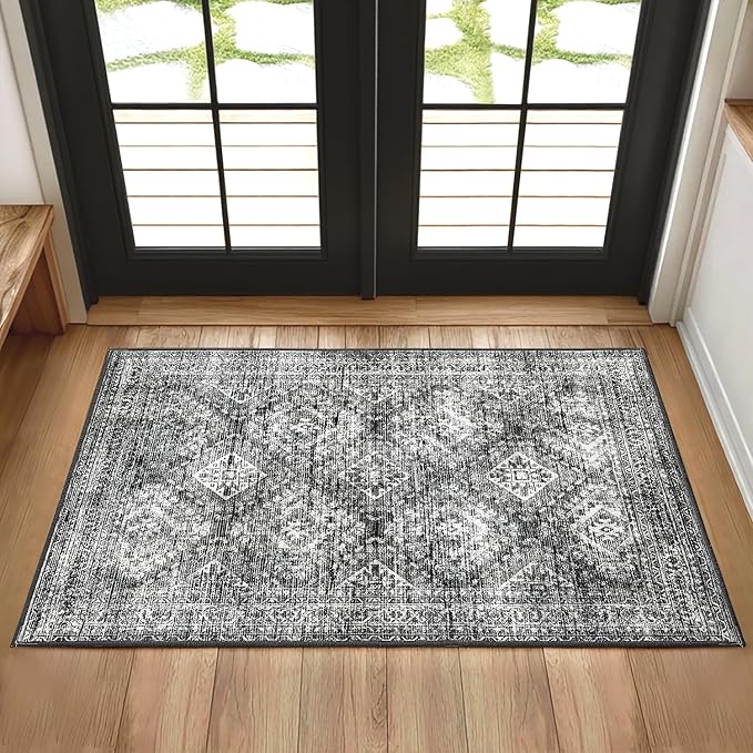 MIULEE 2x3 Washable Entry Rug Door Mat Indoor Entrance, Small Rug for Kitchen Bathroom Bedroom, Non-Slip Stain Resistant Throw Carpet Boho Entryway Decor, Black