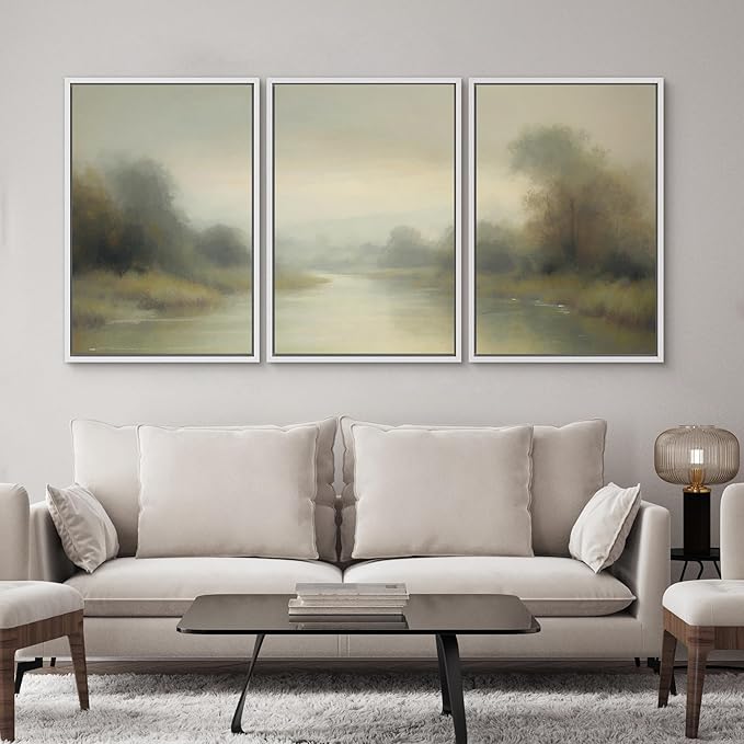 SIGNWIN Framed Wall Art Print Set Misty River Landscape Soft Neutral Nature Scene Photography Modern Art Closeup Relax/Calm Dark for Living Room, Bedroom, Office - 24"x36"x3 White