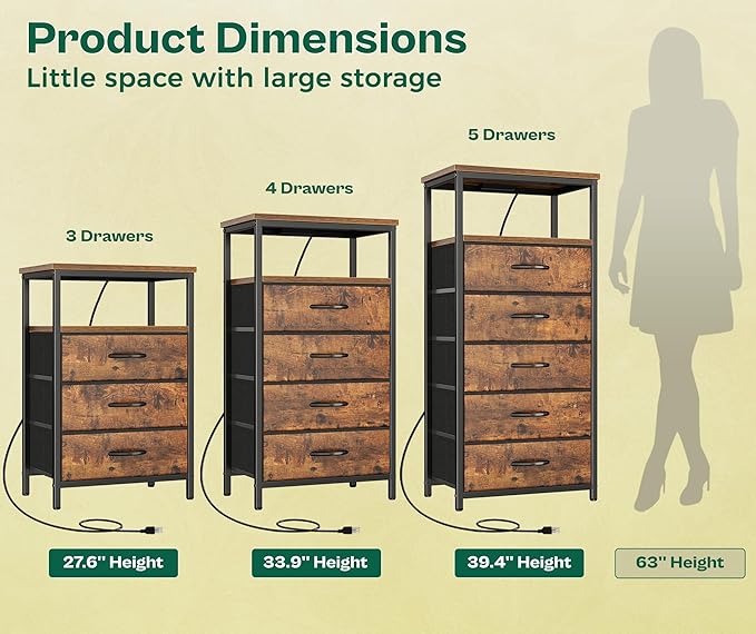 Huuger Night Stand with Charging Station, 4 Drawer Dresser for Bedroom, Bedside Table, 33.9 Inch Tall Nightstand with Open Shelf, End Table, for Closet, Entryway, Bedroom, Rustic Brown
