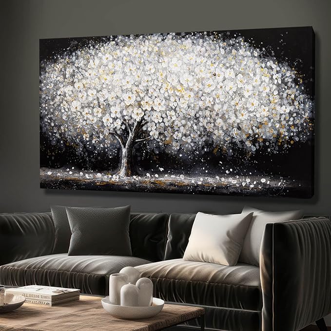 NBAODAN Canvas Wall Art Decor Black and White Wall Art Tree and Flowers Pictures for Living Room Landscape Artwork Nature Canvas Prints for Bedroom Office 24x48 Inch