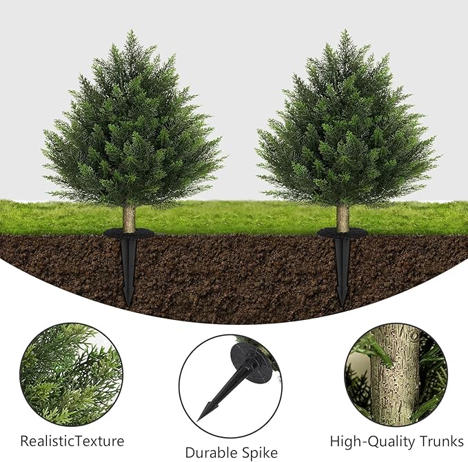 24 Inch 2 Set Artificial Cypress Topiary Tree, Outdoor Indoor Faux Boxwood Bush Plants, Fake Cedar Potted with Ground Spike for Home Front Porch Decor Outside Garden