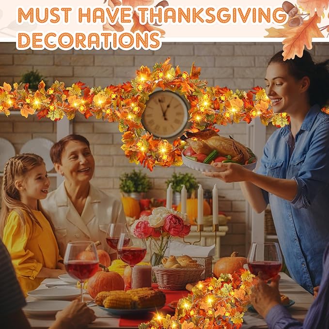 VIHOSE 2 Pack Thanksgiving Maple Leaves Garland Fall Decor 11.5 ft 40 LED with Pumpkin Lights Battery Operated and Timer Remote for Home Thanksgiving Halloween Decor(Orange Green)