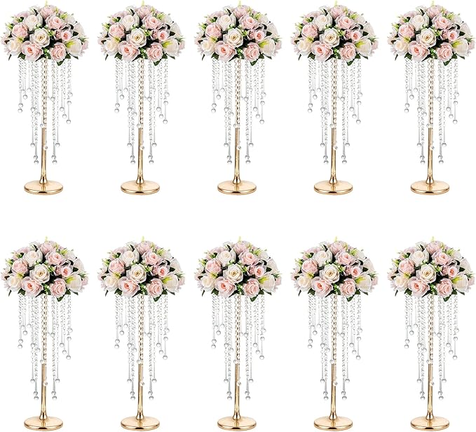 NUPTIO Gold Vases for Centerpieces Wedding - 10 Pcs 21.7in Tall Gold Vase Wedding Centerpieces for Tables Gold Centerpieces for Table - Flower Stand Bulk Table Centerpieces for Weddings Chandelier