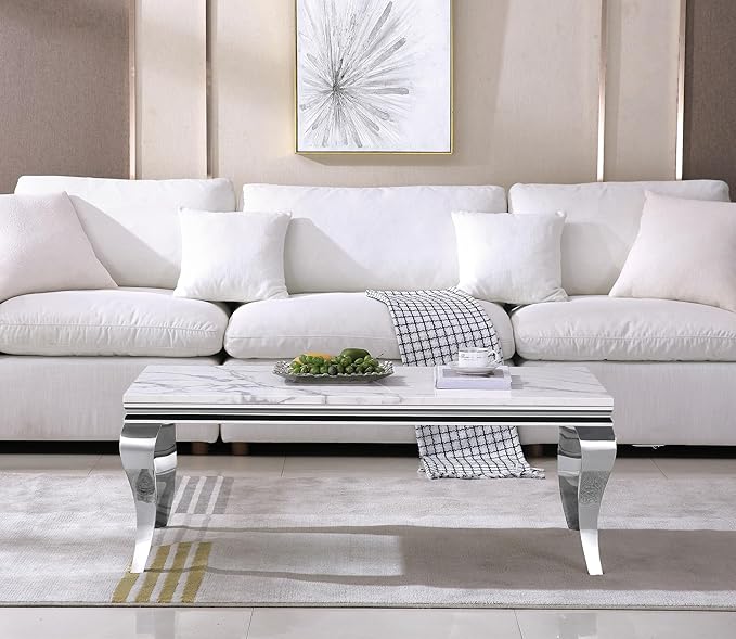 SSLine Rectangular Faux Marble Coffee Table for Living Room Modern Luxury White Marble Center Table with Silver Curved Legs 46.8" Mid-Century Cocktail Table with Mirrored Stainless Steel Frame