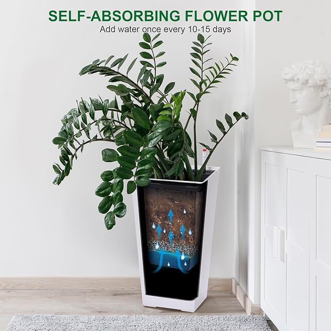 GAOMON 23" Tall Planters Set of 2, Planters for Outdoor＆Indoor Plants, Modern Plant Pots with Drainage Holes＆Water Level Monitor＆Inner Bucket, Automatic Watering, Convenience Instill, White