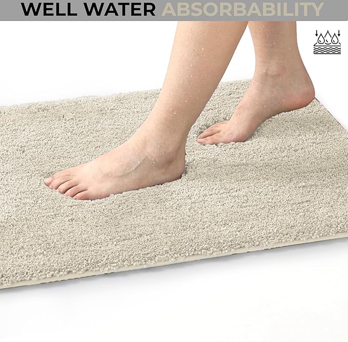 YHF Bathroom Rugs 20" X 32", Extra Thick & Soft Microfiber Shaggy, Machine Washable Bath Mats, Absorbent Bath Rugs, Non-Slip Rubber Backing Bath Mat for Bathroom Floor, Tub and Shower, Beige