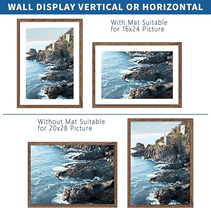 20x28 Picture Frame Set of 2, Rustic Black Wood Style - Display 16x24 Picture with Mat or 20 x 28 Poster without Mat, Wall Mounting Horizontal and Vertical
