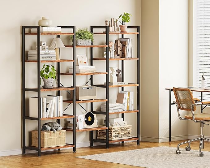 Casaottima Triple 5 Tier Bookshelf, Large Bookcase with 14 Open Display Shelves, Modern Industrial Book Shelves Book Case for Bedroom, Wide Standing Shelving Unit for Living Room Home Office, Vintage