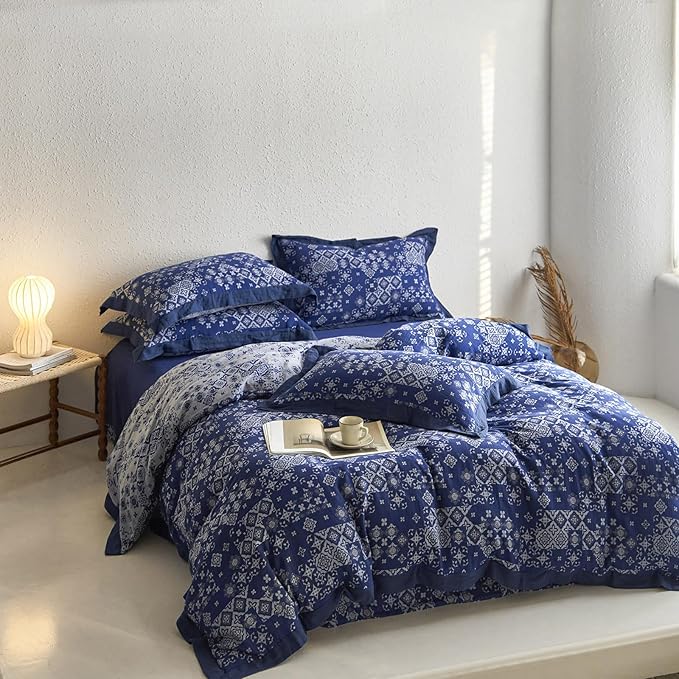 VM VOUGEMARKET Blue White Duvet Cover King Jacquard Geometric Pattern Bedding Set 3 Pieces Yarn-Dyed Cotton Boho Duvet Cover with 2 Pillow Shams