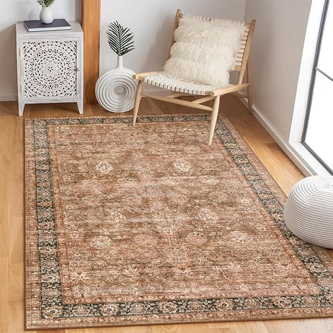 Morebes Vintage Washable Boho Rug 5x7,Non-Slip Carpet for Living Room, Area Rug for Bedroom, Distressed Large Oriental Accent Soft Non Shedding Throw Rug for Kitchen Office Carpet,Brown