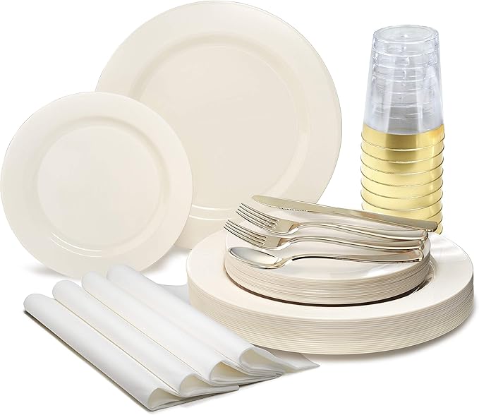 " OCCASIONS " 960pcs set (120 Guests)-Heavyweight Wedding Party Disposable Plastic Plate Set -120 x 10.5'' + 120 x 7.5'' + Silverware + Cups +linen like paper Napkins (Plain Ivory)