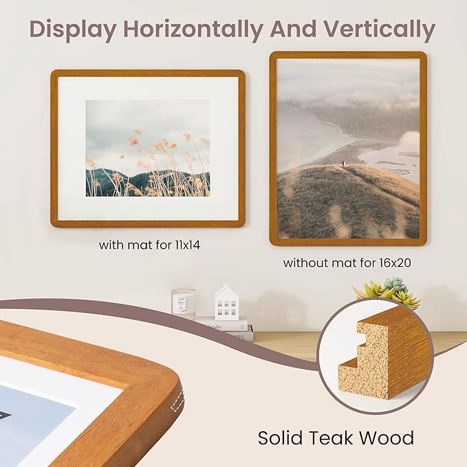 16 x 20 Picture Frame - Solid Teak Wood 16x20 Poster Frame, 16''x20'' Picture Frame With Mat For 11x14, Tempered Glass and Hanging Hardware Included, 20 x 16 Wall Art Wood, Natural Teak