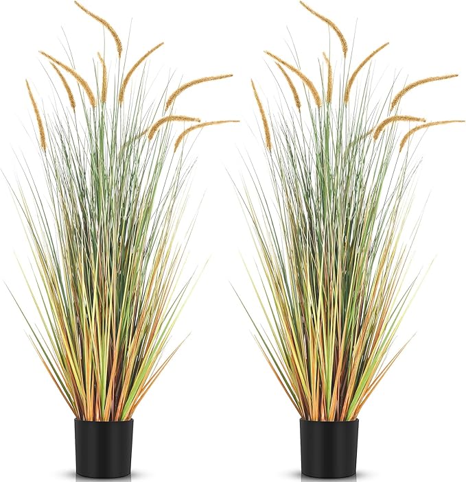 Jexine 2 Pieces Faux Plants Outdoor 4 ft Tall Artificial Grass Plant Potted Artificial Setaria Grass Faux Greenery Floor Plants for Housewarming Gift House Garden Bathroom Lobby Outdoor (Autumn Green)