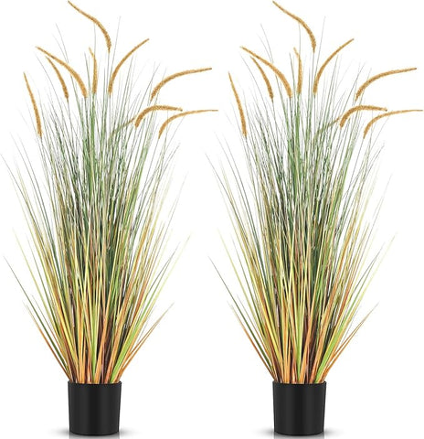 Jexine 2 Pieces Faux Plants Outdoor 4 ft Tall Artificial Grass Plant Potted Artificial Setaria Grass Faux Greenery Floor Plants for Housewarming Gift House Garden Bathroom Lobby Outdoor (Autumn Green)