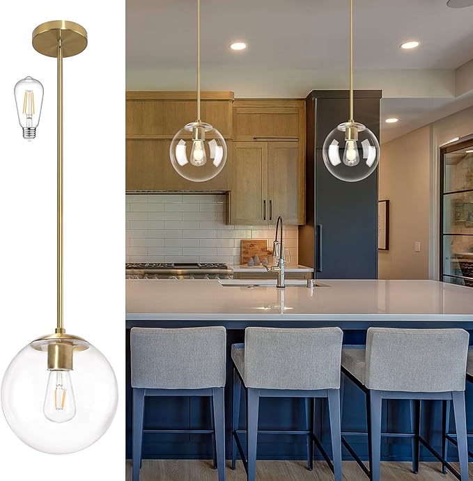 10 Inch Globe Pendant Light Gold Mid Century Pendant Light Adjustable Hanging Light Fixture Globe Pendant Lights Kitchen Island Clear Glass with Brass Finish for Dining Room