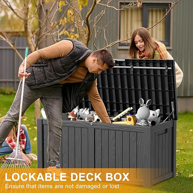 120 Gallon Deck Box,Resin Outdoor Storage Box with Lockable for Patio Furniture, Pool Toys, Garden Tools Waterproof Outside Storage Box (Black)
