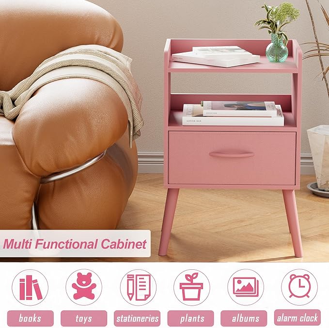NightStand with Open Shelf,Night Stand with Drawer Storage Side Tables End Table,Bedside Table with Solid Wood Feet,Mid Century Night Stands for Bedroom Sofa Couch Small Spaces (Pink)
