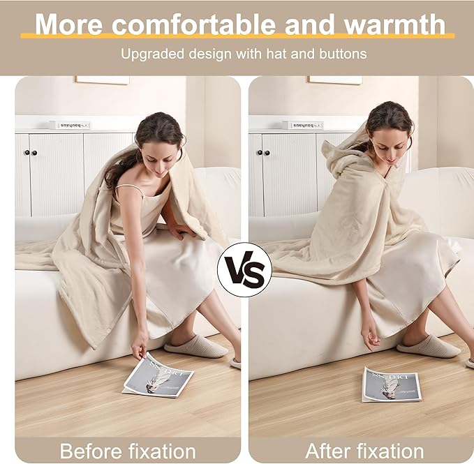 Gintao Heated Blanket Electric Throw with Detachable Hat&Snap Buttons,3 Heat Settings,4H Auto-Off, Perfect Electric Blanket Throw for Home Office,Gifts,Double-Layer Flannel, 50"x60", Beige