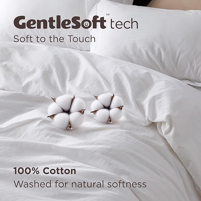Bedsure 100% Washed Cotton Duvet Cover Twin - Bright White Minimalist Duvet Cover Linen Like for All Seasons - GentleSoft™ Plain Simple Bedding, 2 Pieces (Bright White, Twin, 68"x90")