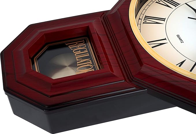JUSTIME Traditional Schoolhouse Gradient Roman Regulator Wall Clock, Chiming Wall Clocks with Pendulum & Westminster Chime Hourly, Schoolhouse Wall Decor Battery Operated (Red Mahogany)