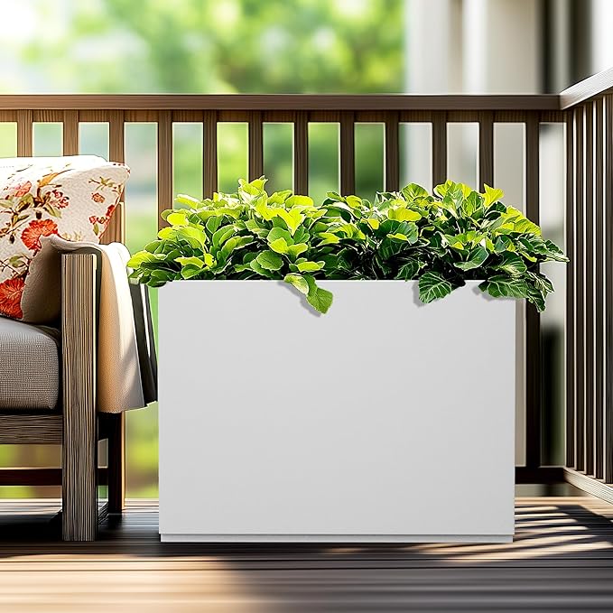Large Rectangle Planter Metal White Planter Box with a Drainage Hole and a Removable Divider Indoor Outdoor Porch Pots for Tall Plants, Trees, Flowers 35.43" x 9.06" x 25.59" White