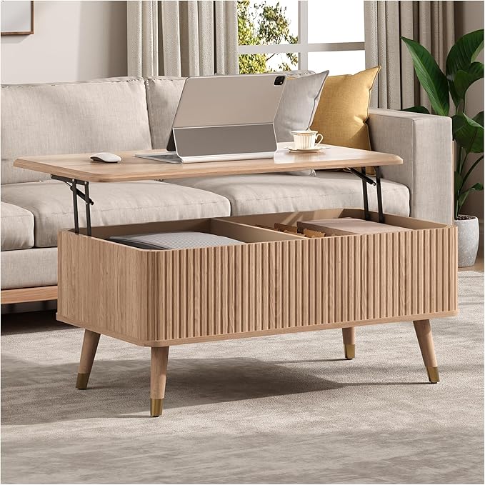 Lift Top Coffee Table, Mid Century Modern Coffee Table with Hidden Storage Compartment, 38" Fluted Center Table for Living Room, Home Office, Natural Oak