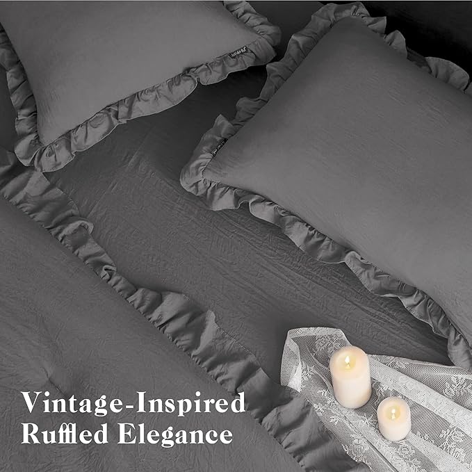 MR&HM Ruffle Comforter Set Dark Grey, Twin Comforter Sets for College Dorm,Boho Bed in a Bag Set 5 Pieces with 1 Comforter,1 Flat Sheet, 1 Fitted Sheet,1 Pillowcases & 1 Pillow Shams for All Seasons