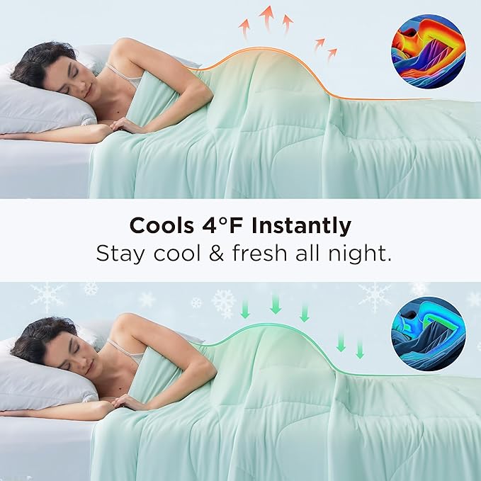 Bedsure Cooling Comforter Queen Size - Cooling Blankets for Hot Sleepers, Lightweight Comforter for Summer with Dual-Sided Cool Tech, Soft Breathable Cold Blanket for Sleeping, Green, 88x88 Inches