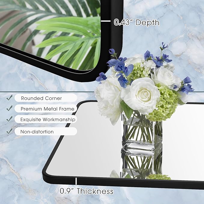 24x40 Inch Rectangle Bathroom Mirror with Black Metal Frame, Rounded Corner Rectangular Vanity Mirror for Wall, Modern Large for Bedroom, Living Room, Horizontal or Vertical