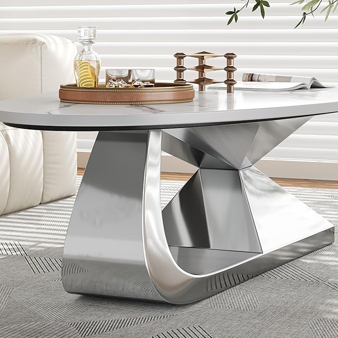 Modern Oval Sintered Stone Coffee Table, 51.2" White and Silver Rectangle Coffee Table with Faux Marble Top & Golden Geometric Stainless Steel Base, Rectangle Tea Center Table for Living Room