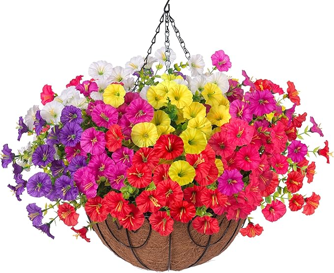 Artificial Fake Hanging Flowers Baskets for Outdoors, Faux Plants Silk Morning Glory in Planter Look Real UV Resistant Outdoor Flower for Outside Porch Patio Balcony Garden Yard Home Decor