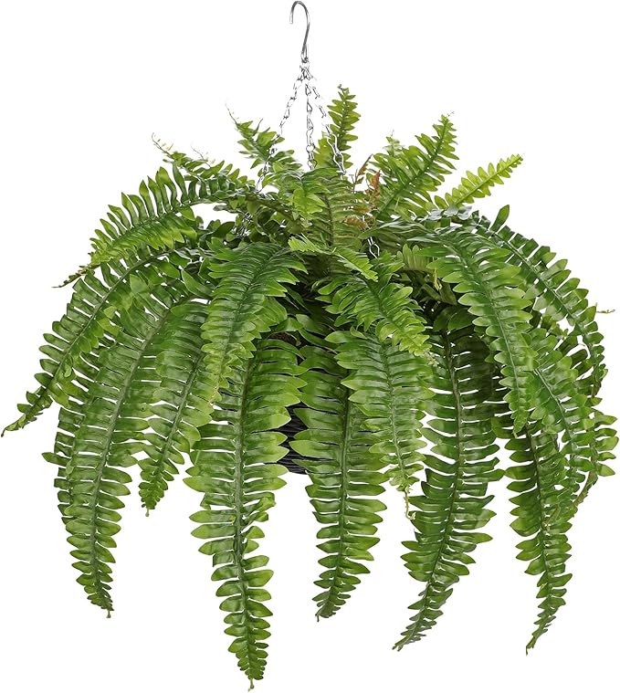 Hollyone 33" Artificial Boston Fern Hanging Basket Large 39 Leaves Fake Ferns in Rattan Pot Greenery Plants for Outdoors & Indoor Faux Fern Bush Basket Plant Patio Garden Home Decor Green