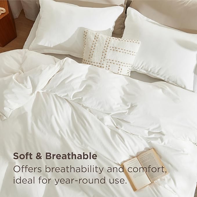 Bedsure 100% Stone Washed Cotton Duvet Cover Queen Size - White Minimalist Cotton Duvet Cover Linen Like for All Seasons - GentleSoft™ Plain Simple Bedding, 3 Pieces (White, Queen, 90"x90")
