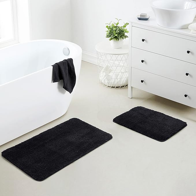 YHF Bathroom Rug Set 2 Piece, Extra Thick & Soft Microfiber Shaggy, Machine Washable Bath Mats, Absorbent Bath Rugs, Non-Slip Rubber Backing Bath Mat for Bathroom Floor, Tub and Shower, Black