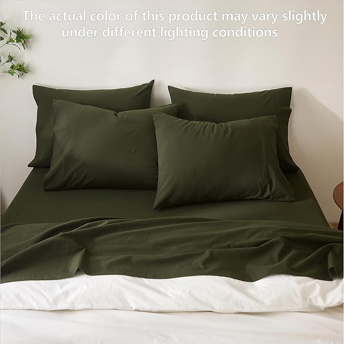 100% Cotton 6-Piece King Size 108" x 102" Bedding Set - Fitted Sheet, Flat Sheet & 4 Pillowcases with 17" Deep Pocket,Soft Breathable Bed Sheets for Cozy Sleep,Olive Green