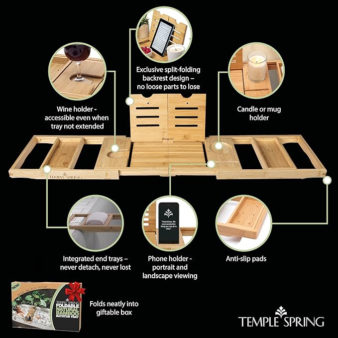 Temple Spring Foldable Bathtub Tray, Unique Design Selfcare Bathroom Caddy, Bamboo Spa Bathroom Tray, Wooden Bathtub Accessories, Wedding Gift/Birthday Gift/New Home Bath Table – Natural